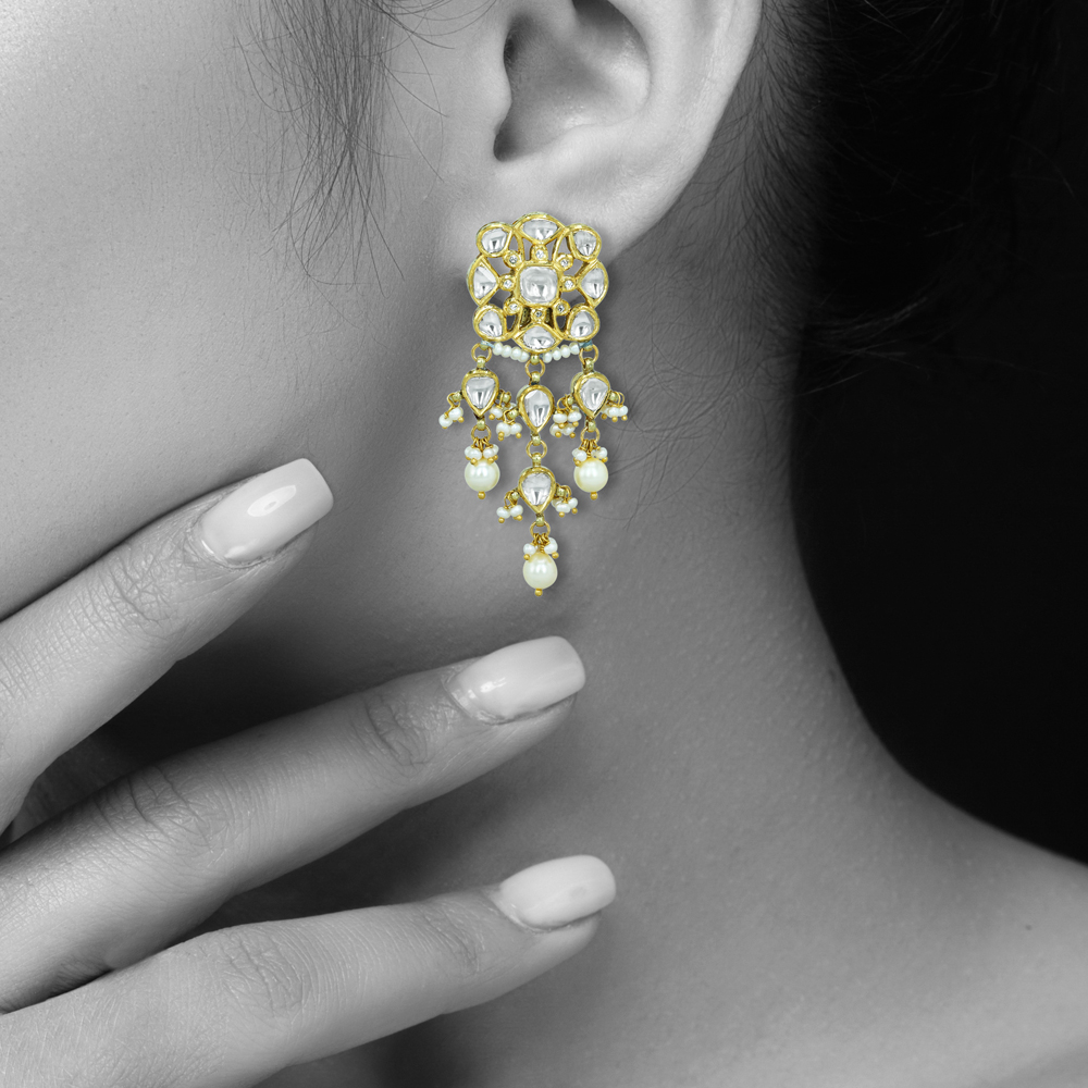 Chandelier Earrings with Polkis and Pearl Drops